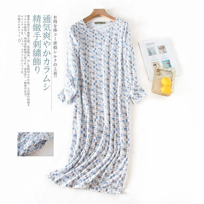 Spring Autumn Female Casual Loose Cartoon Night Dress Ladies 100% Cotton Nightgown Women Long Sleeve Sleepshirts Home Dress
