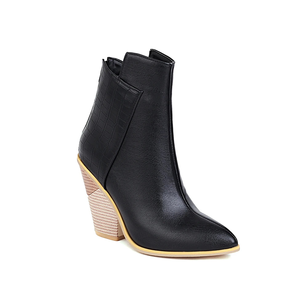 2024 Autumn Women Boots Pu Leather Wedge High Heel Ankle Boots Winter Cowboy Boots Fashion Western Boots Woman Denim Shoes Brown