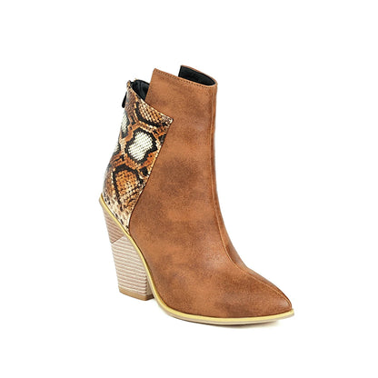 2024 Autumn Women Boots Pu Leather Wedge High Heel Ankle Boots Winter Cowboy Boots Fashion Western Boots Woman Denim Shoes Brown