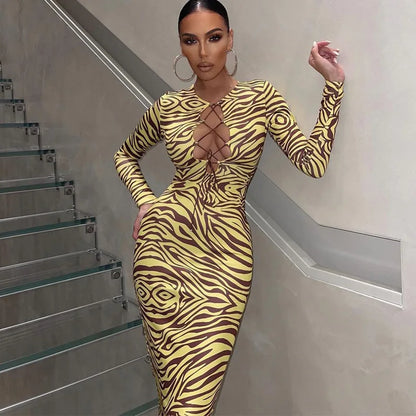 Shestyle Zebra Print Yellow Pencil Long Dresses Women V Neck Corss Hollow OUt Bandage Sexy Bodycon Party Wear Christmas Outfit