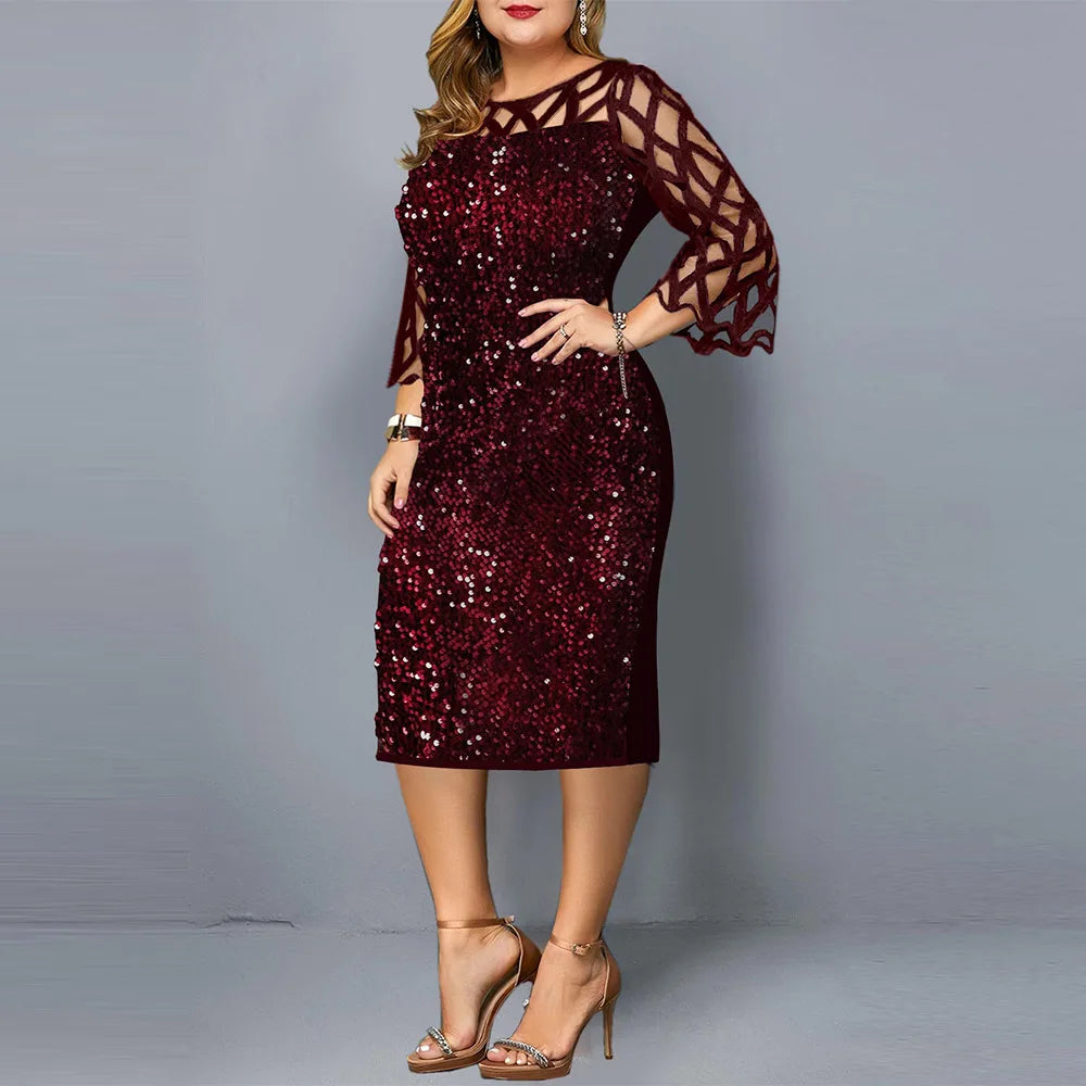 Plus Size S-5XL Fashion Women Sequins Autumn Dresses Lace Sleeve Shining Lady Casual Fashion Dress Sexy Mom Clothing O neck