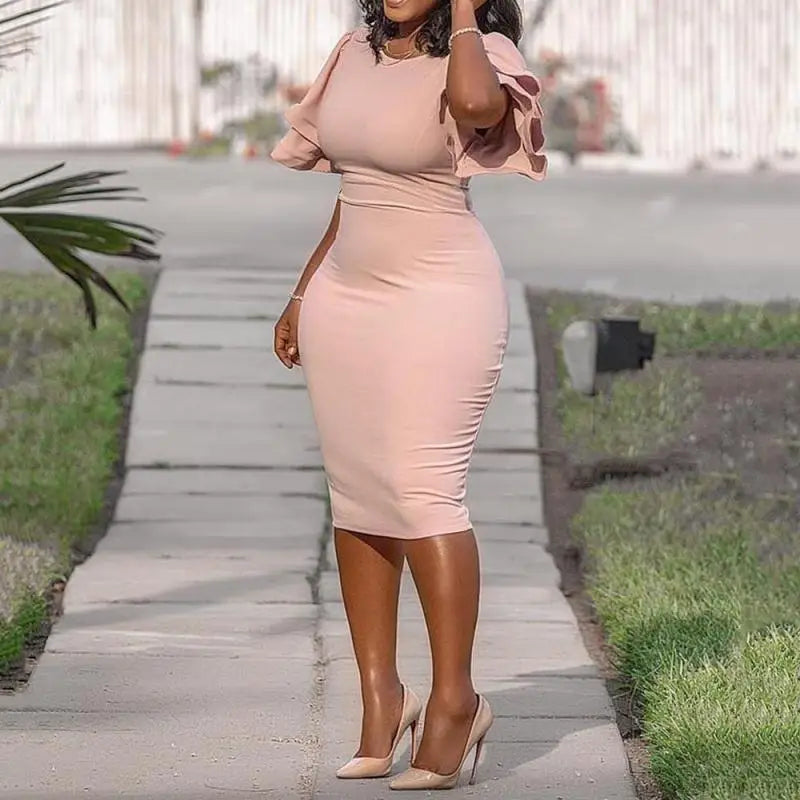 Solid Pink Bodycon Dress Women Plus Size 5XL Office Lady African Elegant O-Neck Ruffles Sleeve Pencil Dress Evening Party