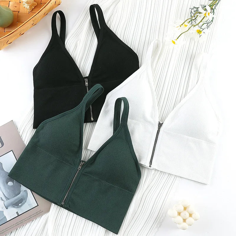 Sexy Zipper Female V-Neck Wireless Bra New Seamless Soft Crop Top Beautiful Back Outside Wear Bralette Lingerie