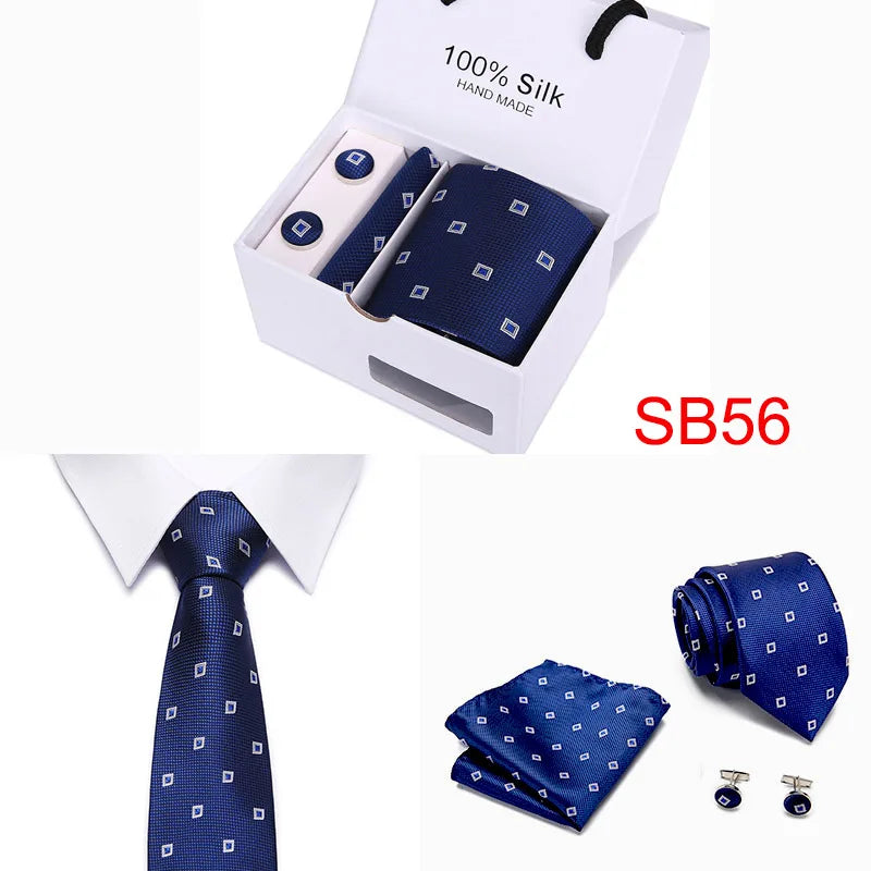 2023 100% Silk Jacquard Necktie White Geometric Tie Hanky Cufflink Set Ties For Men Gravatas Business Wedding Party Wholesale