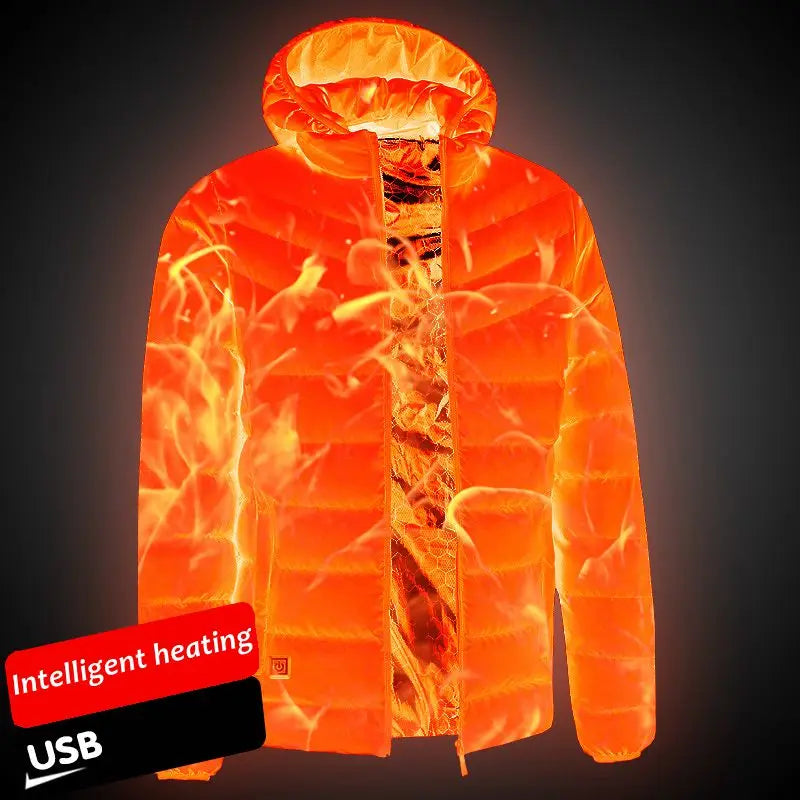 17 PCS heating Men Winter Warm USB Heating Jackets Smart Thermostat Pure Color Hooded Heated Clothing Waterproof  Warm Jackets