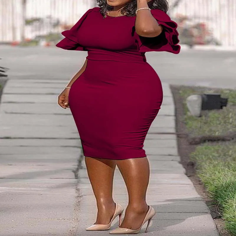 Solid Pink Bodycon Dress Women Plus Size 5XL Office Lady African Elegant O-Neck Ruffles Sleeve Pencil Dress Evening Party