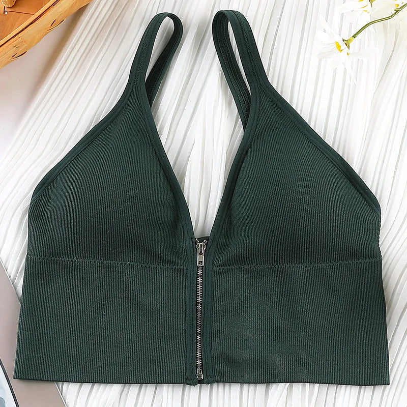 Sexy Zipper Female V-Neck Wireless Bra New Seamless Soft Crop Top Beautiful Back Outside Wear Bralette Lingerie