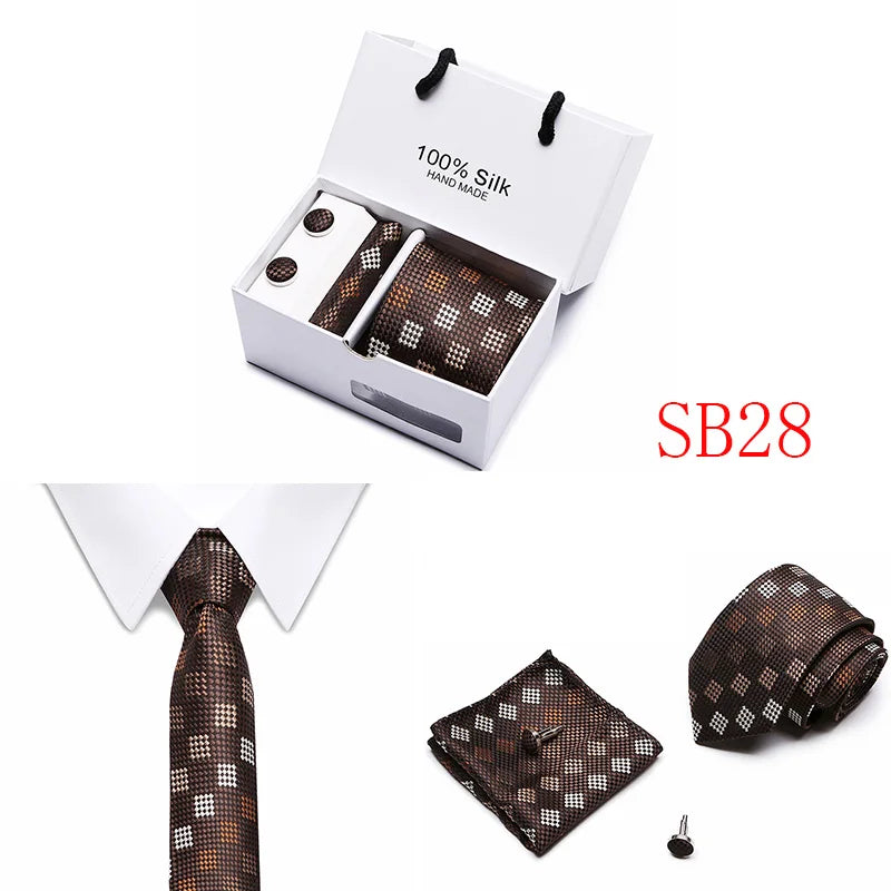 2023 100% Silk Jacquard Necktie White Geometric Tie Hanky Cufflink Set Ties For Men Gravatas Business Wedding Party Wholesale