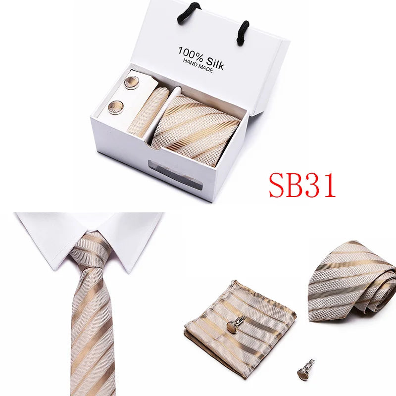 2023 100% Silk Jacquard Necktie White Geometric Tie Hanky Cufflink Set Ties For Men Gravatas Business Wedding Party Wholesale