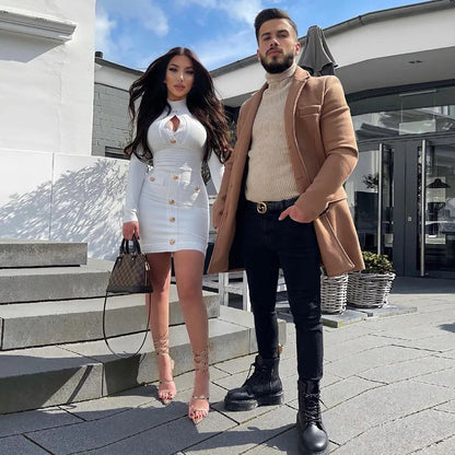 Women's Button Long Sleeve Hollow Out Bandage Dress Mini Black White Bodycon 2022 Spring Elegant Sexy Club Evening Party Dresses