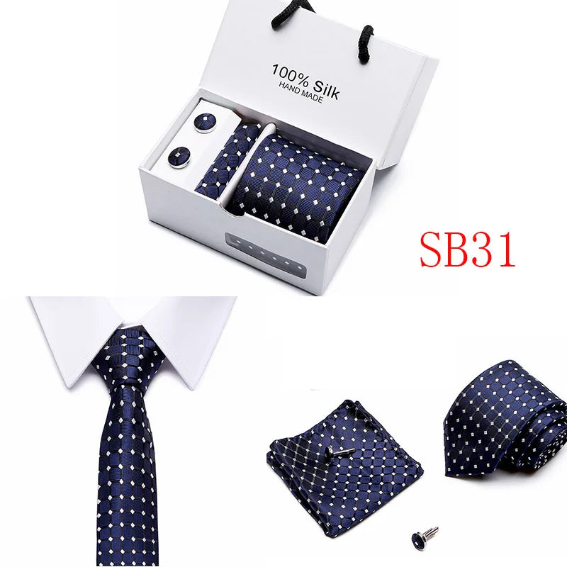 2023 100% Silk Jacquard Necktie White Geometric Tie Hanky Cufflink Set Ties For Men Gravatas Business Wedding Party Wholesale