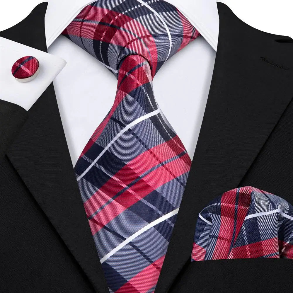Hi-Tie Designer Silk Wedding Tie For Men Blue White Plaid Handky Cufflink Set Fashion Necktie For Men Business Party Wholesale
