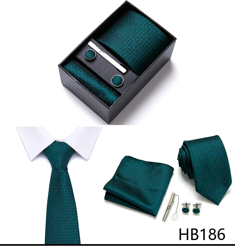 Top Quality 7.5 cm Business Ties Hanky Cufflink Set Tie Clips Green Necktie Corbatas For Men Wedding In Gift Box Gravatas