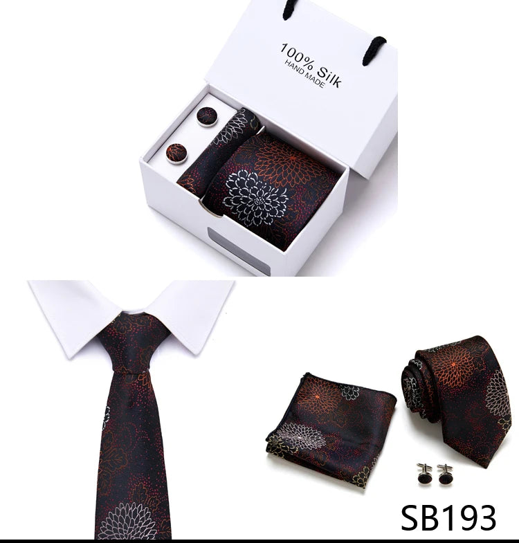 Brand 100% Silk Ties Gift box Office  Men Classic Party Wedding striped 7.5cm Silk Wedding  Floral Tie Necktie Handkerchief Set