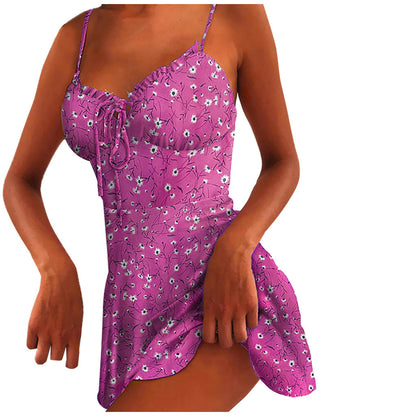 Sexy Sheath Floral Print Suspender Dresses For Women's Ladies Thin Straped Boycon off Shoulder Mini Dress Casual Daily Wear
