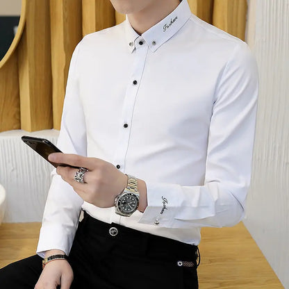 Mens Dress Shirts Spring and Autumn High Quality Long Sleeve Shirt Male Korean Slim Fit Business White Collared Shirt Oversized