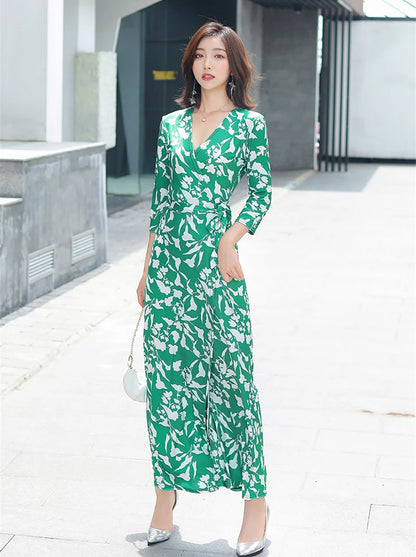 FANIECES Summer Wrap Dresses Women Sexy V Neck Split Maxi Dress Print Female Casual Beachwear Lace Up Party Vestidos Robe платье
