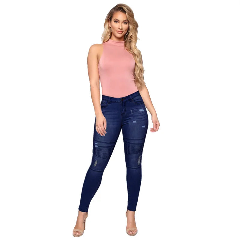 2022 Spring New Dark Blue Women's Ripped Jeans Fashion High Stretch Skinny Denim Pencil Pants Street Casual Trousers S-2XL