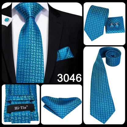Hi-Tie Light Blue Solid Silk Wedding Nicktie For Men Hanky Cufflink Gift Men Tie Set Business Party Dropshipping Novelty Design