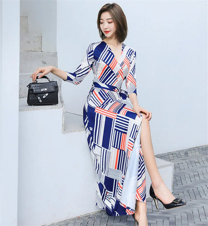 FANIECES Summer Wrap Dresses Women Sexy V Neck Split Maxi Dress Print Female Casual Beachwear Lace Up Party Vestidos Robe платье