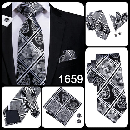Hi-Tie Designer Silk Wedding Tie For Men Blue White Plaid Handky Cufflink Set Fashion Necktie For Men Business Party Wholesale