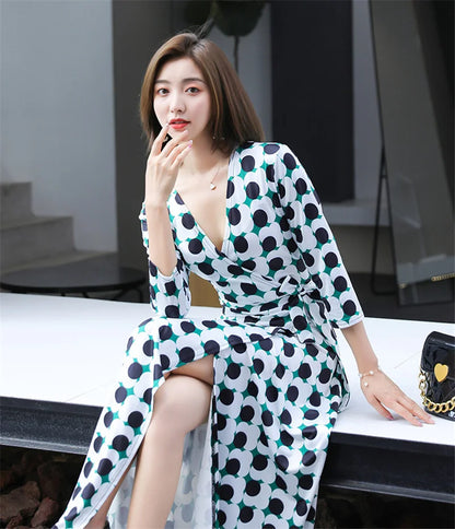 FANIECES Summer Wrap Dresses Women Sexy V Neck Split Maxi Dress Print Female Casual Beachwear Lace Up Party Vestidos Robe платье