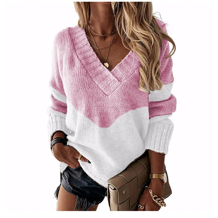 Pullovers Women Sweaters New long-sleeved 2021 Autumn Winters V Collar Loose Color Matching Sweaters Women Fashion OLN6057