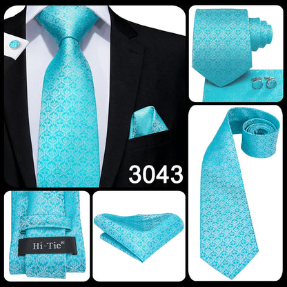 Hi-Tie Light Blue Solid Silk Wedding Nicktie For Men Hanky Cufflink Gift Men Tie Set Business Party Dropshipping Novelty Design