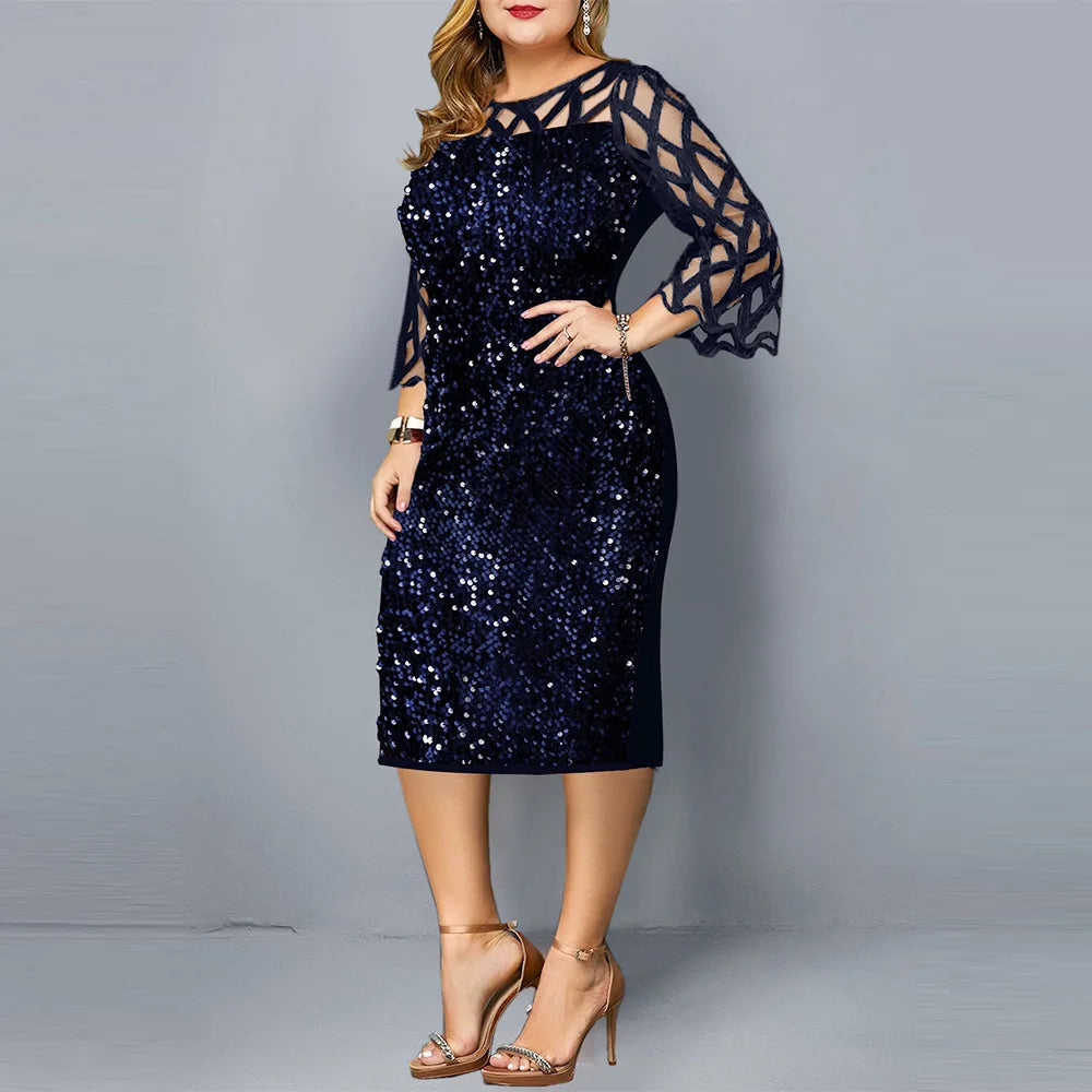 Plus Size S-5XL Fashion Women Sequins Autumn Dresses Lace Sleeve Shining Lady Casual Fashion Dress Sexy Mom Clothing O neck