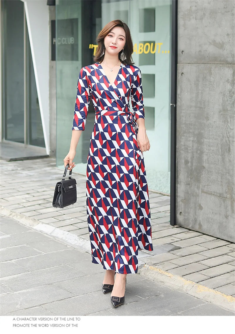 FANIECES Summer Wrap Dresses Women Sexy V Neck Split Maxi Dress Print Female Casual Beachwear Lace Up Party Vestidos Robe платье