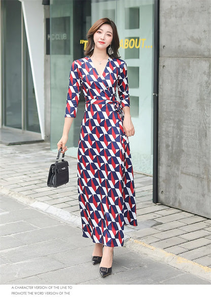 FANIECES Summer Wrap Dresses Women Sexy V Neck Split Maxi Dress Print Female Casual Beachwear Lace Up Party Vestidos Robe платье