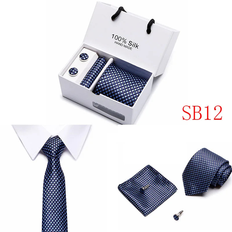 2023 100% Silk Jacquard Necktie White Geometric Tie Hanky Cufflink Set Ties For Men Gravatas Business Wedding Party Wholesale