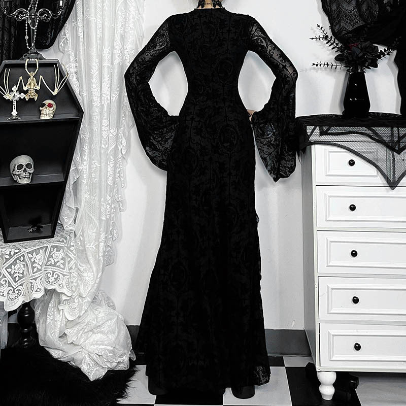 Y2K Goth Floral Lace Mesh Flared Sleeve Bodycon Party Dresses Sexy Vintage Elegant Black Velvet V-Neck Long Dress Partywear