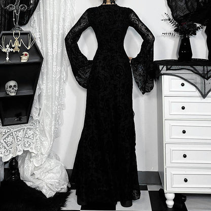 Y2K Goth Floral Lace Mesh Flared Sleeve Bodycon Party Dresses Sexy Vintage Elegant Black Velvet V-Neck Long Dress Partywear