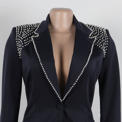 CM.YAYA Fashion Pearl Splicing Women's Set Long Sleeve Blazer and Wide Leg Pants Suit 2024 Winter OL Fall Two 2 Piece Set Outfit