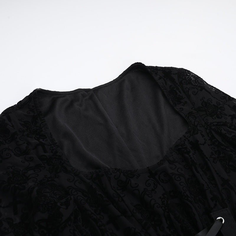 Y2K Goth Floral Lace Mesh Flared Sleeve Bodycon Party Dresses Sexy Vintage Elegant Black Velvet V-Neck Long Dress Partywear