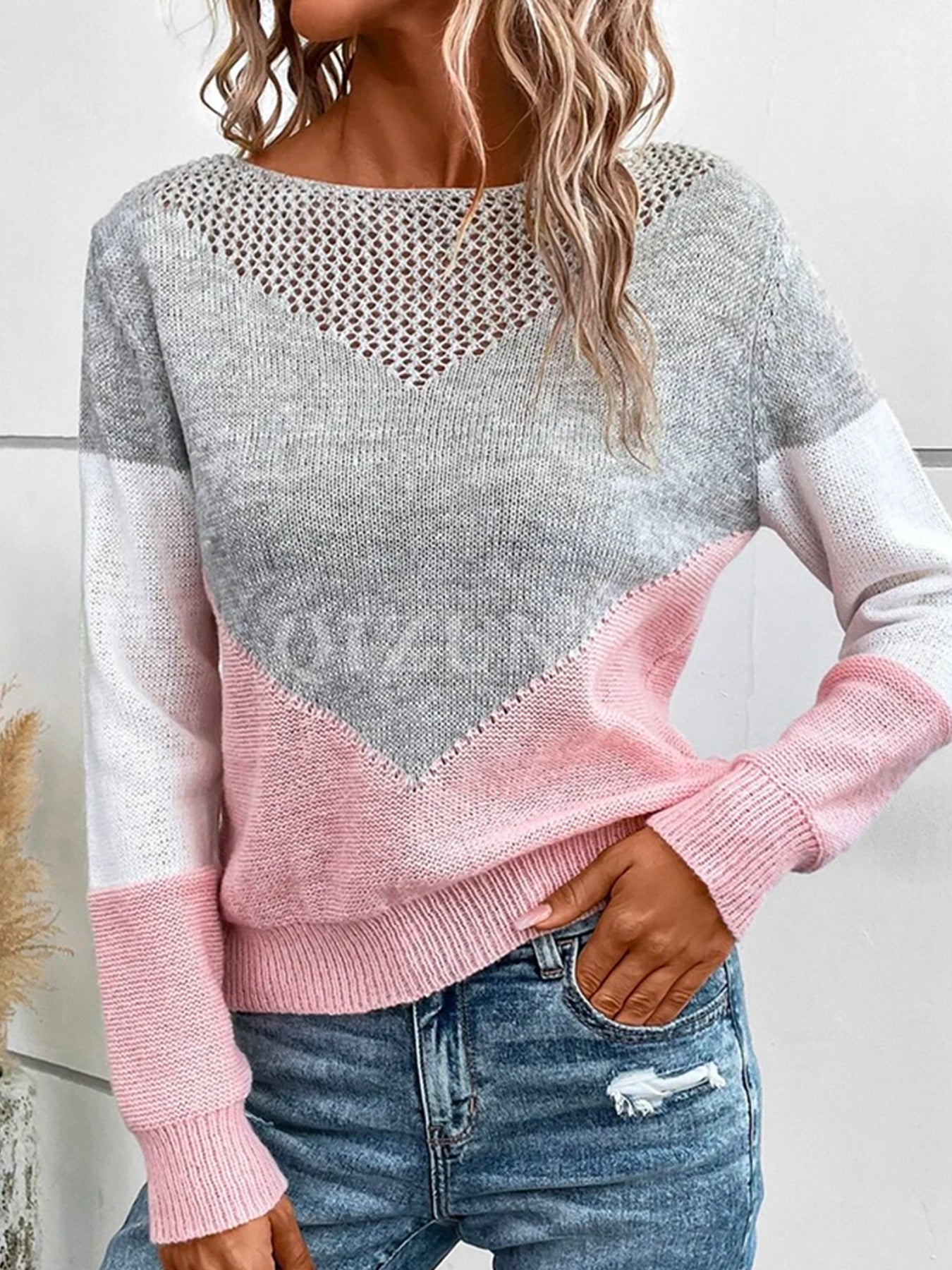 European and American Cross-border Sweater Autumn and Winter Contrast Crewneck Pullover Stitching Hollow-out Slim-fit Long-sleeved Thin Knitted Top for Women
