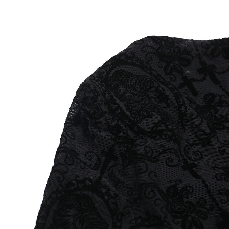 Y2K Goth Floral Lace Mesh Flared Sleeve Bodycon Party Dresses Sexy Vintage Elegant Black Velvet V-Neck Long Dress Partywear