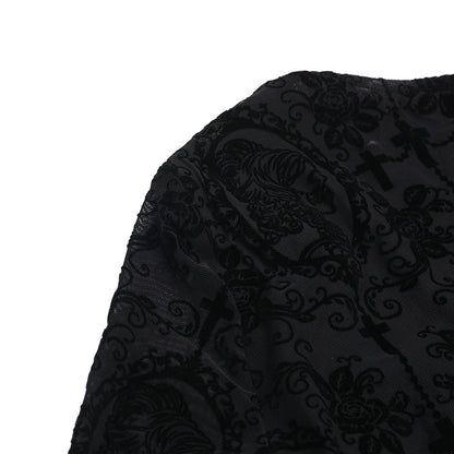Y2K Goth Floral Lace Mesh Flared Sleeve Bodycon Party Dresses Sexy Vintage Elegant Black Velvet V-Neck Long Dress Partywear