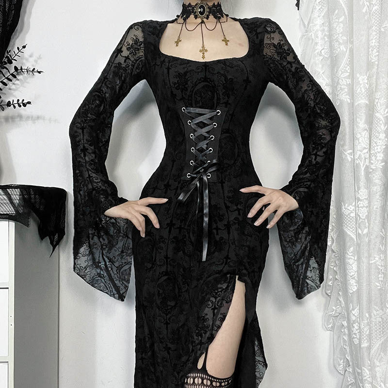Y2K Goth Floral Lace Mesh Flared Sleeve Bodycon Party Dresses Sexy Vintage Elegant Black Velvet V-Neck Long Dress Partywear