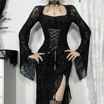 Y2K Goth Floral Lace Mesh Flared Sleeve Bodycon Party Dresses Sexy Vintage Elegant Black Velvet V-Neck Long Dress Partywear