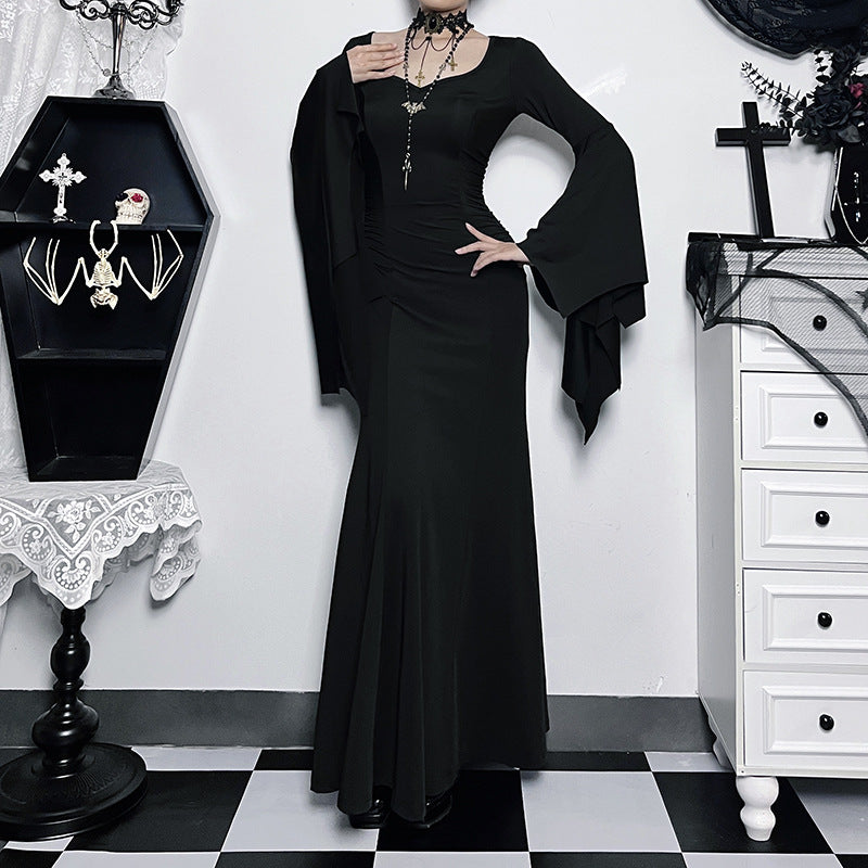 Y2K Goth Floral Lace Mesh Flared Sleeve Bodycon Party Dresses Sexy Vintage Elegant Black Velvet V-Neck Long Dress Partywear