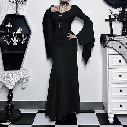 Y2K Goth Floral Lace Mesh Flared Sleeve Bodycon Party Dresses Sexy Vintage Elegant Black Velvet V-Neck Long Dress Partywear