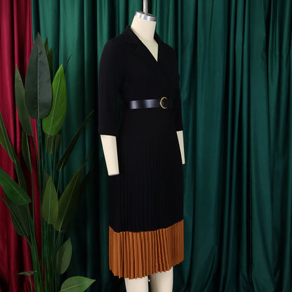 CM.YAYA Fashion Full Sleeve Notched Neck Solid High Waist Belt Dress Women Autumn Office Lady Pleated Long Africa Midi Dresses