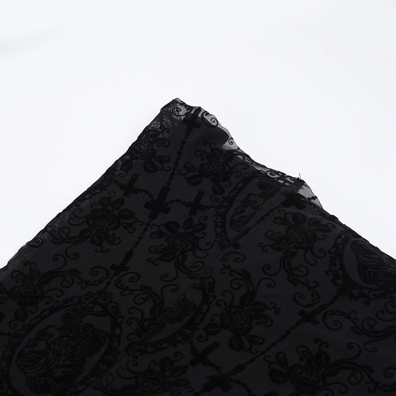 Y2K Goth Floral Lace Mesh Flared Sleeve Bodycon Party Dresses Sexy Vintage Elegant Black Velvet V-Neck Long Dress Partywear