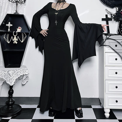 Y2K Goth Floral Lace Mesh Flared Sleeve Bodycon Party Dresses Sexy Vintage Elegant Black Velvet V-Neck Long Dress Partywear