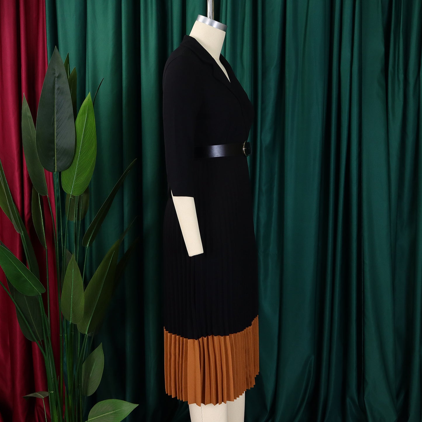 CM.YAYA Fashion Full Sleeve Notched Neck Solid High Waist Belt Dress Women Autumn Office Lady Pleated Long Africa Midi Dresses