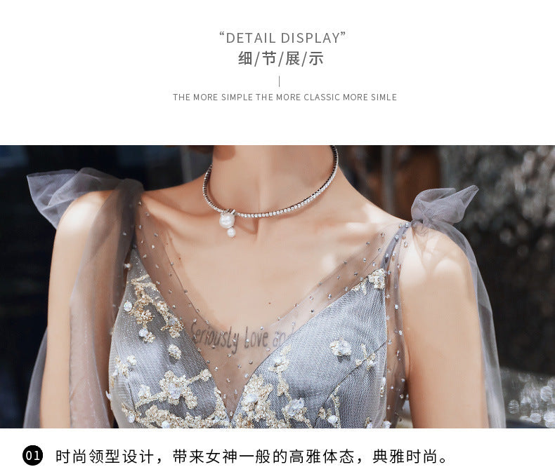 Customized V-neck Lace-up Elegant Sequined Wedding Party Dresses Fairy Slim Waist Mesh Tiered Prom Dress Elegant Temperament Eve