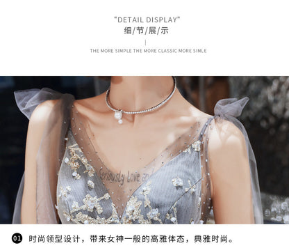 Customized V-neck Lace-up Elegant Sequined Wedding Party Dresses Fairy Slim Waist Mesh Tiered Prom Dress Elegant Temperament Eve