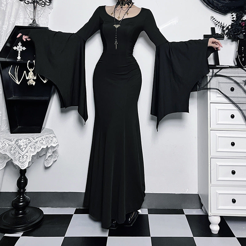 Y2K Goth Floral Lace Mesh Flared Sleeve Bodycon Party Dresses Sexy Vintage Elegant Black Velvet V-Neck Long Dress Partywear
